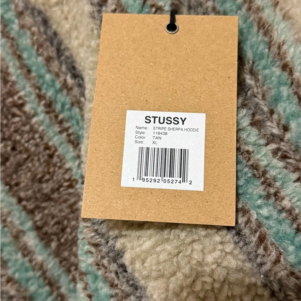 Stussy Men's Striped Crewneck Sweater in Taupe, Brown & Teal - Picture 3 of 3